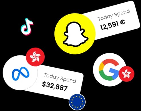 Agency ad accounts for TikTok, Snapchat, Meta and Google with daily spend badges